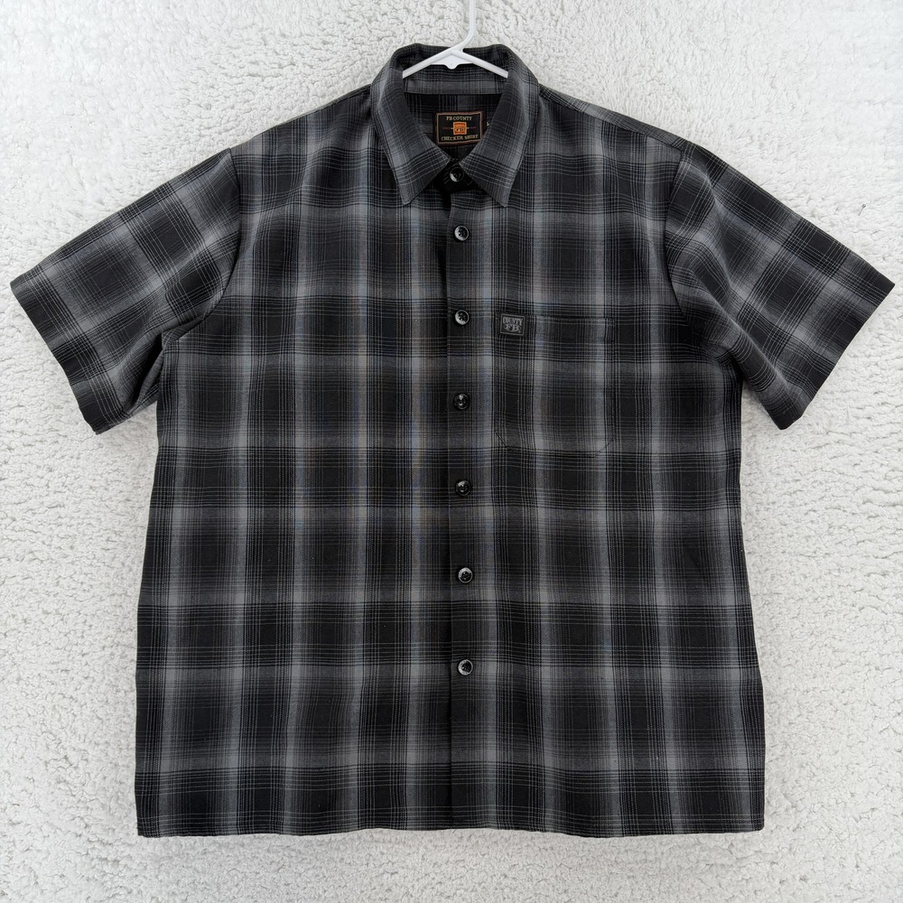 FB County Checker Shirt Mens Large Gray Plaid Short Sleeve Button Up RN 98581
